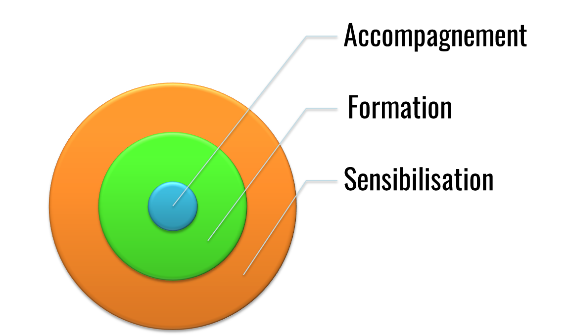 Illustration des domaines de prestation de l'association : Accompagnement - Formation - Sensibilisation